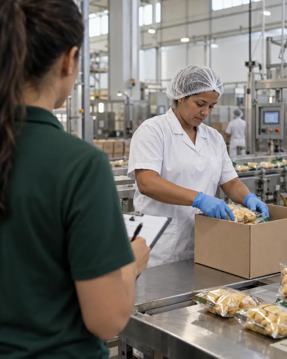 Ergonomista observa, com prancheta, uma operadora da indústria de alimentos embalando produtos em uma bancada de aço inox