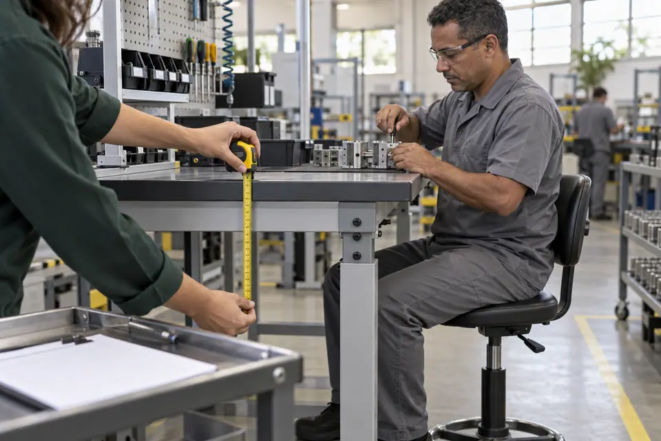 Ergonomista mede com trena a altura de uma bancada de montagem enquanto o operador trabalha sentado, em uma indústria